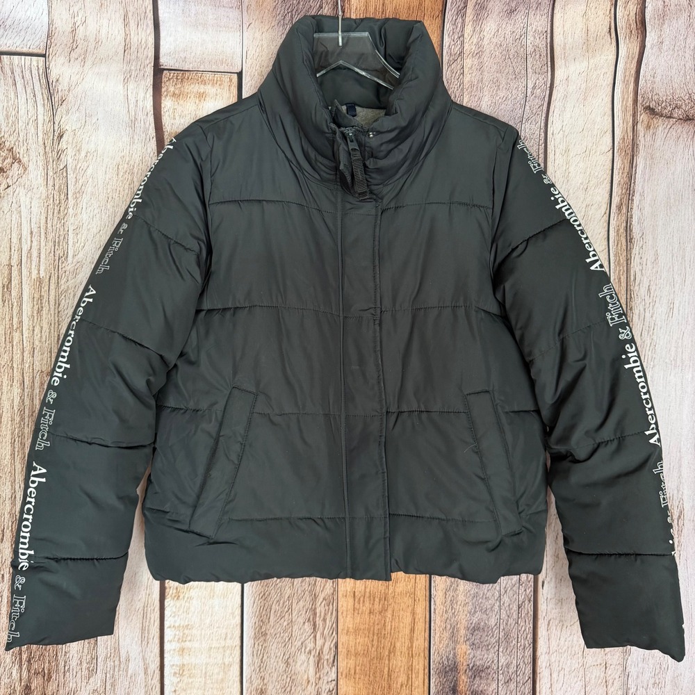 Abercrombie & Fitch Coat Cropped Puffer Jacket Black Logo Sleeve Winter Small